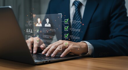 Businessman uses laptop to manage candidate selection process on a digital interface with checklists