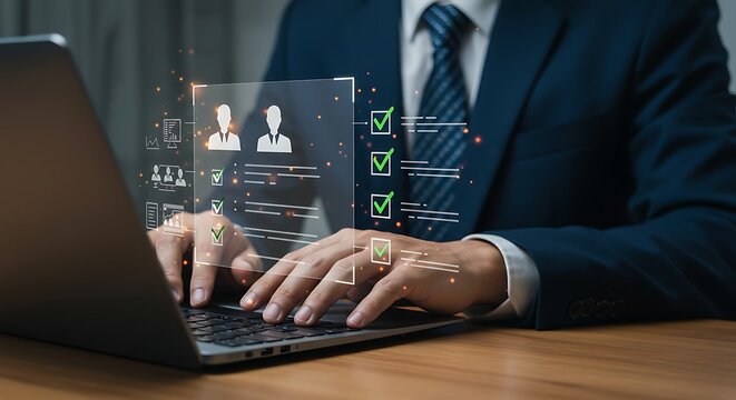 Businessman uses laptop to manage candidate selection process on a digital interface with checklists