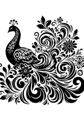 Intricate black and white peacock design with ornamental floral patterns