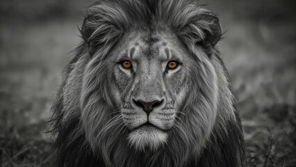 Naklejka premium Powerful black and white shot capturing a noble lion's penetrating gaze