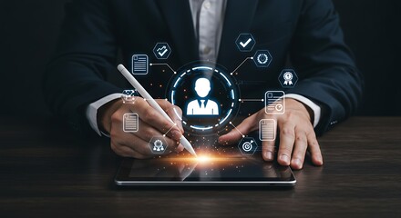 Businessman interacting with digital business strategy infographic on tablet with stylus