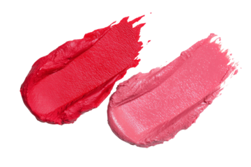Bright red and pink lipstick smudges isolated on white background
