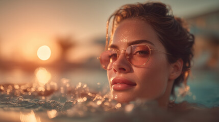 Young beautiful woman swimming in the pool near the hotel at sunset