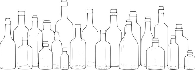 a collection of various shaped clear glass bottles, minimalistic black outline drawing, white background, simple design

