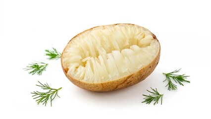 Prepared Potato Half with Outer Layer, Whole Natural Vegetables, Dietary Ingredient on Plain White Background