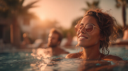 Young beautiful woman swimming in the pool near the hotel at sunset