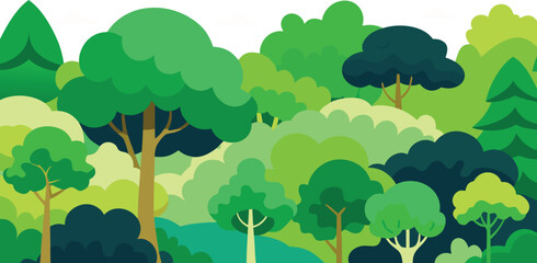 A vibrant flat illustration of a lush green forest with various trees and foliage