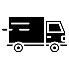 Cargo Truck Glyph Black Silhouette Icon Vector Design - Delivery truck in motion, representing land transportation, shipping, or logistics distribution
