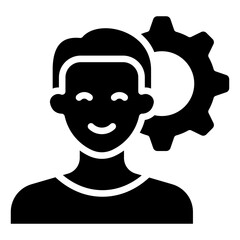 Customer Support Glyph Black Silhouette Icon Vector Design - Smiling person with gear, symbolizing customer support, service efficiency, or personalized help
