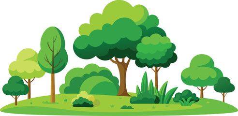A charming flat illustration of a small green grove of trees and bushes on a grassy hill
