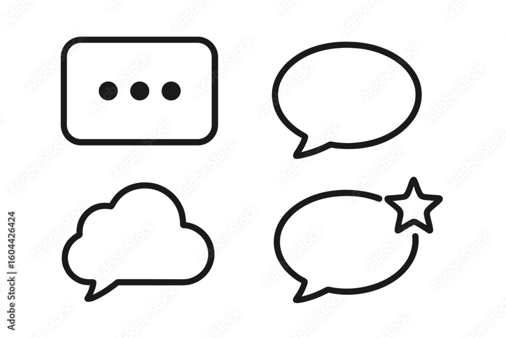 Poster speech bubble icon set for chat and messaging. minimalist outline design with text box, cloud, and s