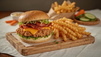 Vibrant close-up of a crispy chicken sandwich with wavy fries, perfect for comfort food enthusiasts