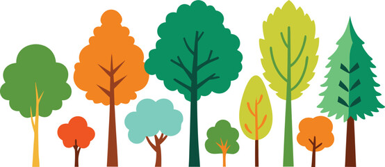 A vibrant collection of stylized trees in various colors and shapes on a white background