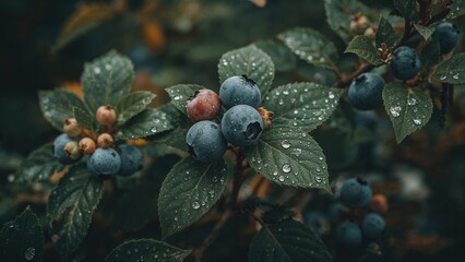 Detailed view of a blueberry shrub bearing ripe fruit in summer
