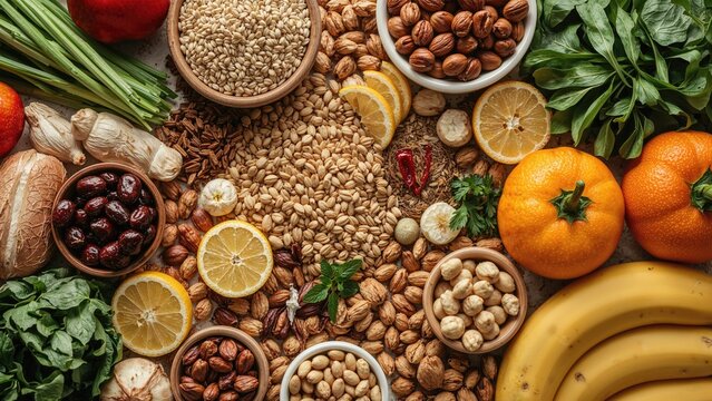 Flat lay of energy-packed wholesome carbohydrate foods