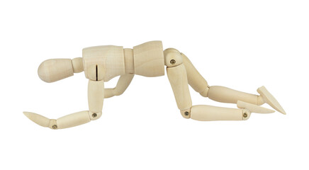 wooden man, wooden mannequin, crawling on all fours, isolated from background, concept of difficulties and pain