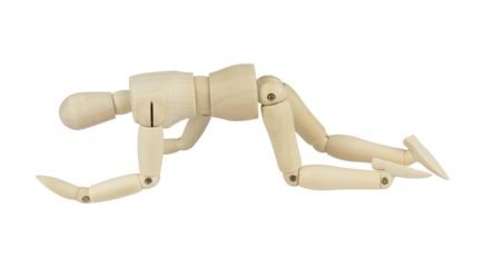 wooden man, wooden mannequin, crawling on all fours, isolated from background, concept of difficulties and pain