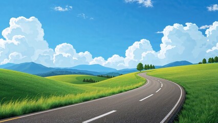 Animated depiction of a countryside route winding toward highlands, perfect for vacation and seasonal backgrounds.