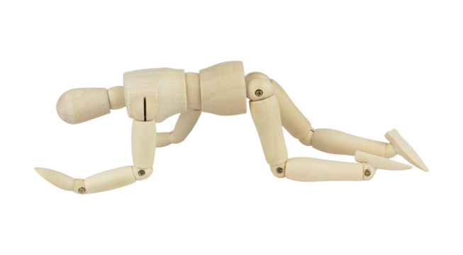 wooden man, wooden mannequin, crawling on all fours, isolated from background, concept of difficulties and pain