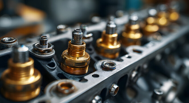 Close up of an engine cylinder head with valve train and timing components