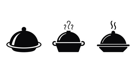 A black and white icon of a food dish set