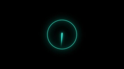 Glowing neon sign clock icon animation on circle timer timekeeper analog clock 24 hour day fast speed sign symbol ,black background .
