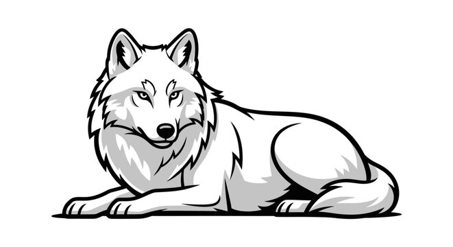 Monochrome illustration of a wolf lying down rendered in a stylized design aesthetic with smooth gradients and bold outlines