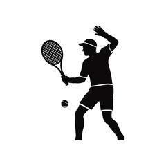 A black and white pictogram of a man holding a tennis racket