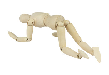 wooden man, wooden mannequin, crawling on all fours, isolated from background, concept of difficulties and pain