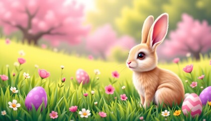 Obraz premium an easter themed setting with vibrant pink flowers and green grass. a cartoon bunny with large ears is standing in the center of this picturesque scene