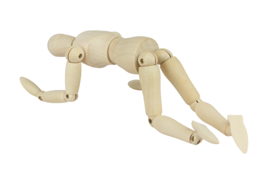 wooden man, wooden mannequin, crawling on all fours, isolated from background, concept of difficulties and pain