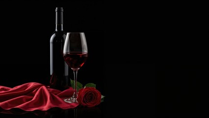 A bottle and a wine glass containing red wine, accompanied by red silk cloth and a red rose against a black background. Empty space included.