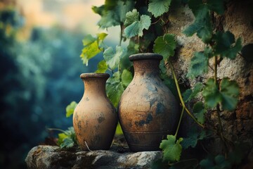 Two aged clay pots sit amidst lush green vines on a rustic stone wall, evoking a sense of history and tranquility.