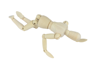 wooden man, wooden mannequin, crawling on all fours, isolated from background, concept of difficulties and pain