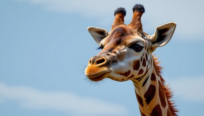 Obraz premium an adult giraffe standing against a clear blue sky. the giraffe is looking to the right with its mouth open slightly, revealing its tongue