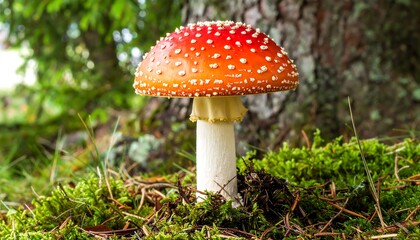 Striking close-up of a vibrant Amanita muscaria mushroom in a forest setting