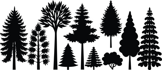 Fototapeta premium Diverse collection of tree silhouettes including pine deciduous and bushy varieties