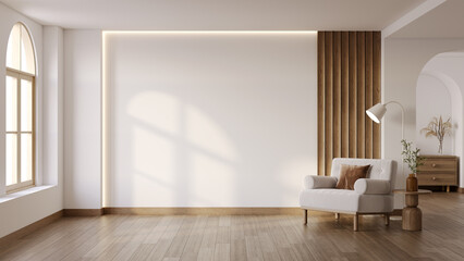 Modern  mid-century interior living room with white sofa and wooden flooring on against warm white walls .3drender