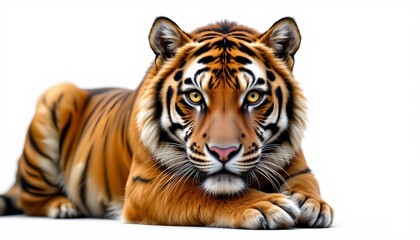 Obraz premium a majestic tiger in repose. the tiger, with its distinctive orange brown fur adorned with dark stripes, is lying down, resting its head on one paw