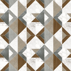 Modern seamless geometric pattern with natural textures: marble, wood, stone, cement, terrazzo. Ideal for interior design, wallpaper, packaging, textiles, tiles, and parquet flooring.	