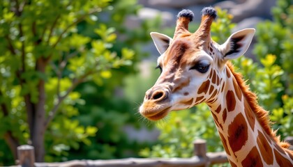Obraz premium a majestic giraffe standing in an outdoor enclosure. the giraffe's head is prominently visible, showcasing its distinctive long neck and patterned coat