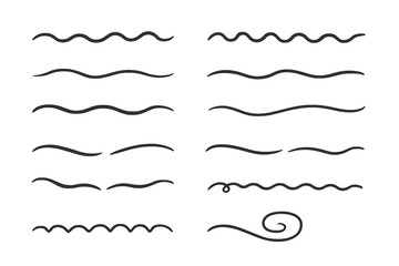 Wavy line vector set. Abstract waves and decorative underline curves. Hand drawn swirl elements for graphic design. Scribble sketch borders, dividers and separators.
