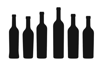 Wine bottle silhouette set. Vector collection of different alcohol beverage bottles. Black isolated icons for bar menu, winery, restaurant, or drink concept design graphic.