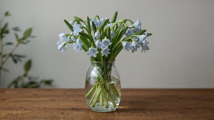 Small blue floral bunch in a transparent vessel resting on a flat surface