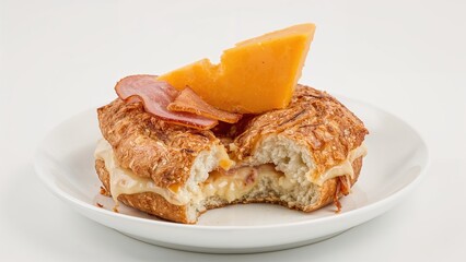 A bitten bagel stuffed with ham and cheddar cheese displayed on a white plate with a white background in close-up.