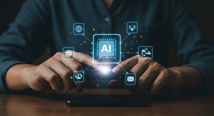 Person touching a smartphone screen with an ai chip icon connected to digital service icons