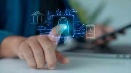 Close-up of hand touching virtual padlock icon, symbolizing secure login, digital banking,...