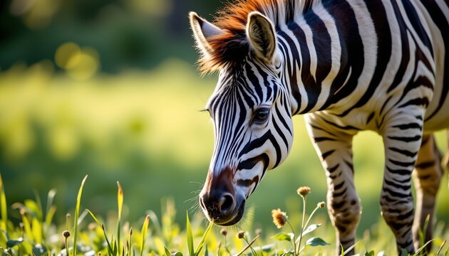 a zebra is captured in mid grazing, standing amidst tall grasses against a backdrop of greenery