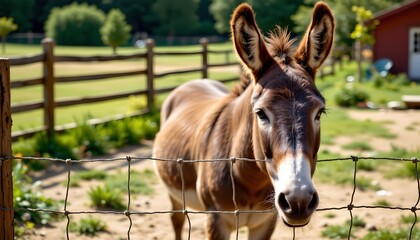 a donkey standing in front of a fence. the donkey is brown with white markings around its eyes and ears. it has a calm expression while looking directly at the camera