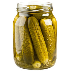 Green pickles in glass jar isolated on a transparent background cucumbers